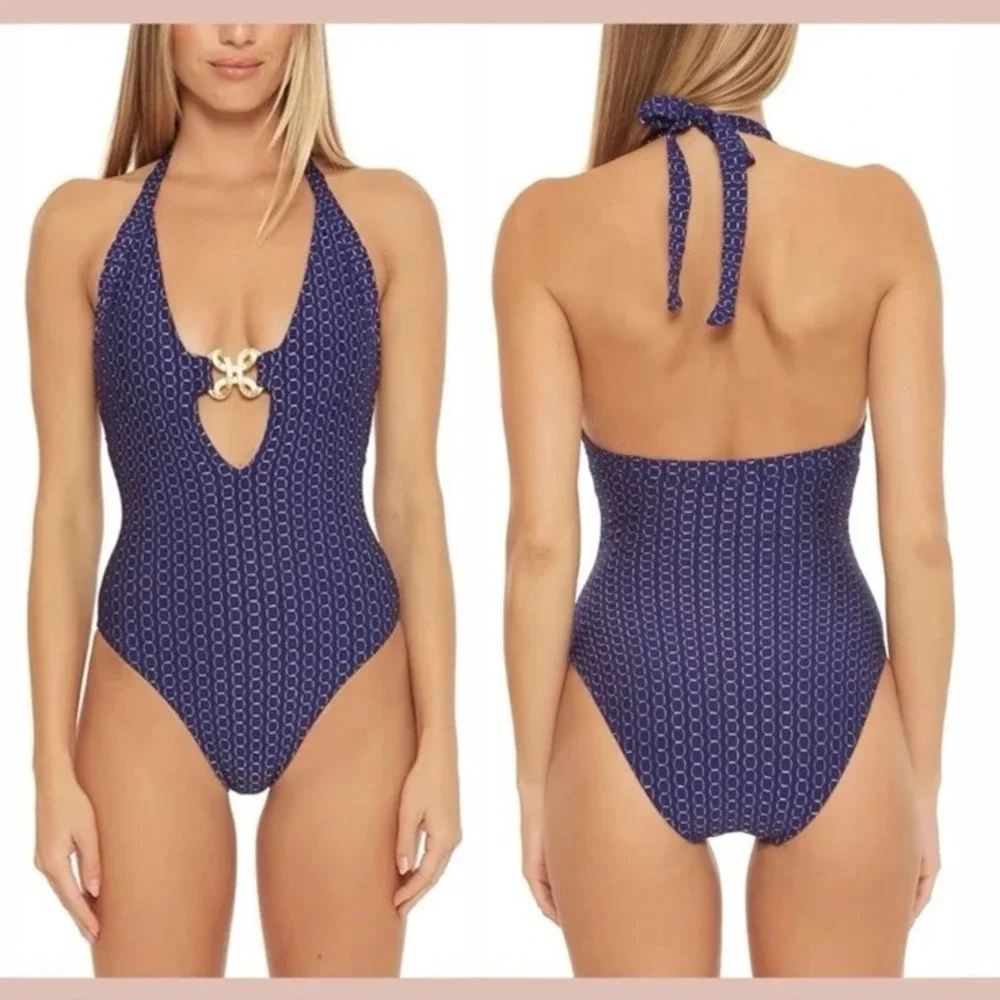 Trina Turk Size 8 Adeline Metallic Plunge Halter One Piece Swimsuit Navy Gold